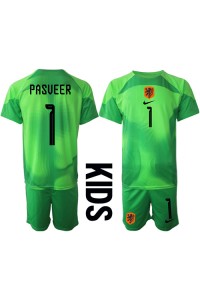 Fotbalové Dres Holandsko Remko Pasveer #1 Brankářské Dětské Domácí Oblečení MS 2022 Krátký Rukáv (+ trenýrky)